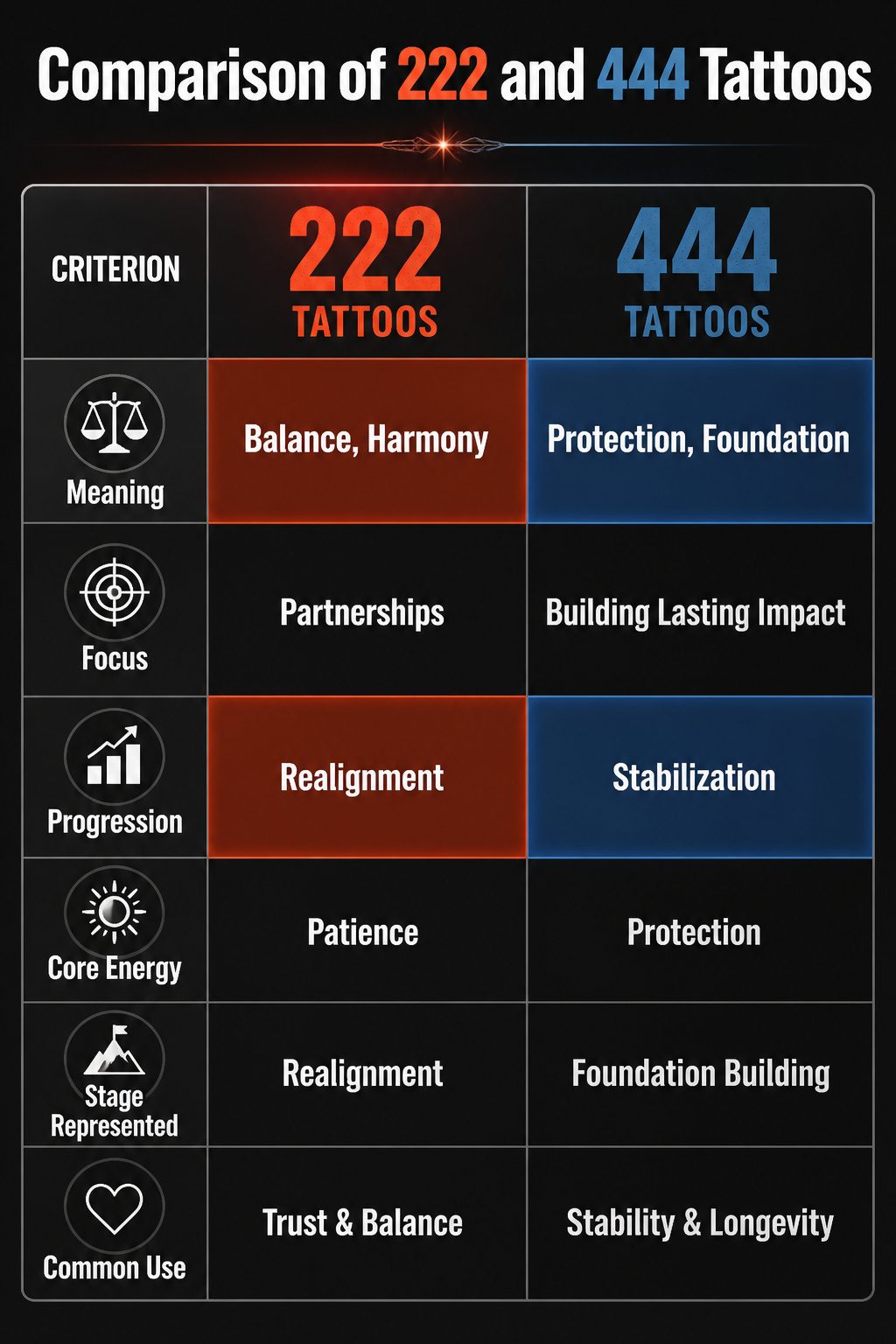 An information graphic comparing the meanings of 222 and 444 tattoos.