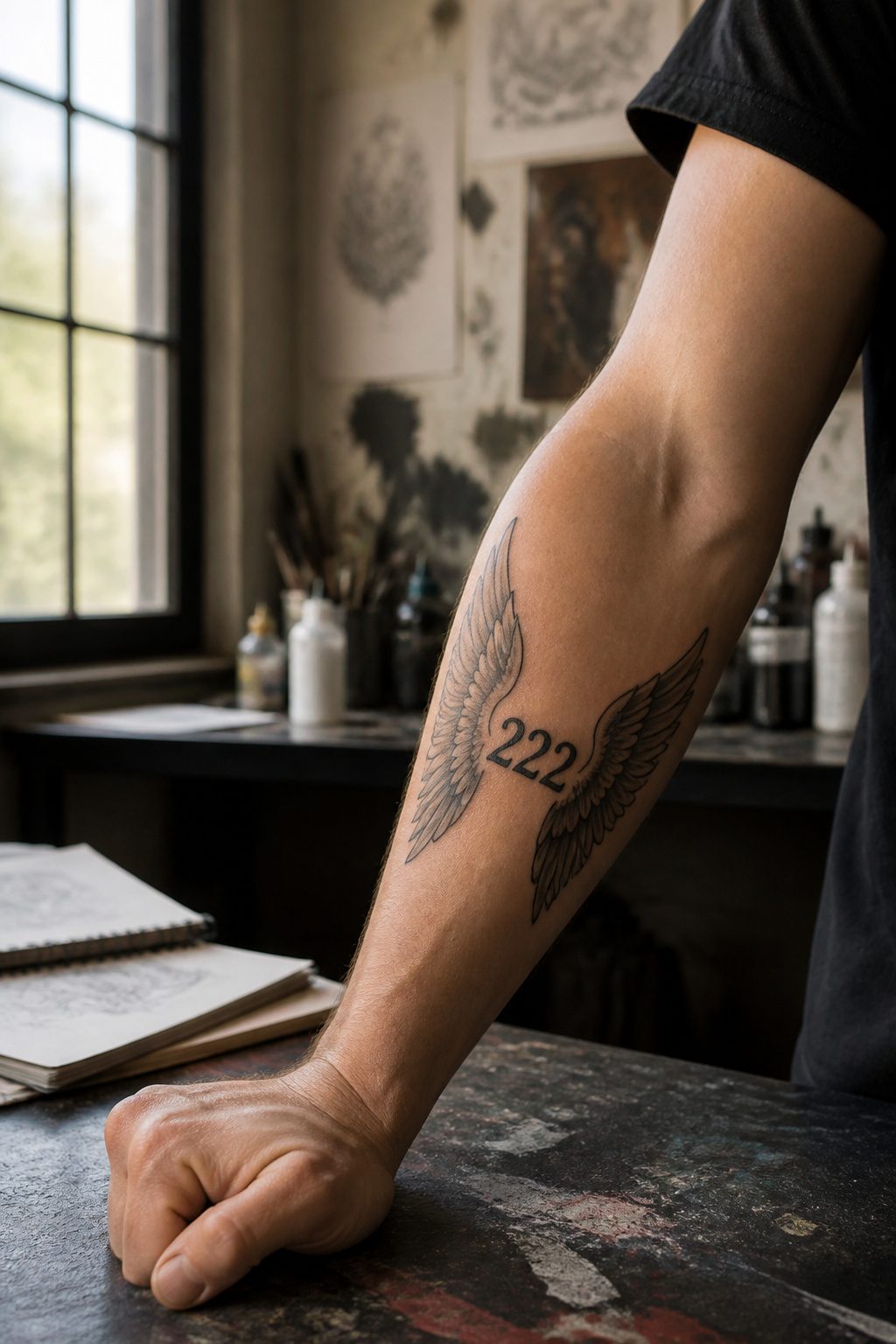 A tattoo of '222' with angel wings surrounding the numbers.