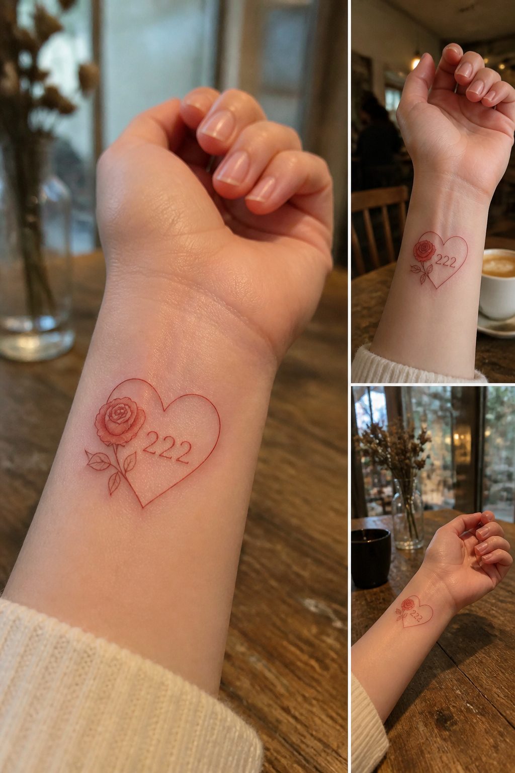 A heart design encircling the numerals '222' in a tattoo.