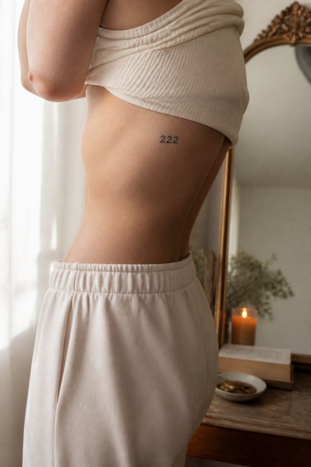 A clear '222' tattoo inked on the side of a torso.