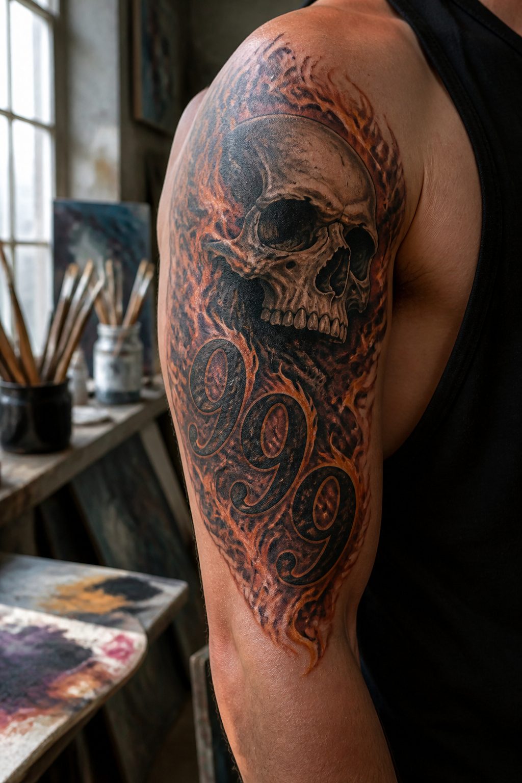 A 999 tattoo combined with a skull and flame design on an upper arm.