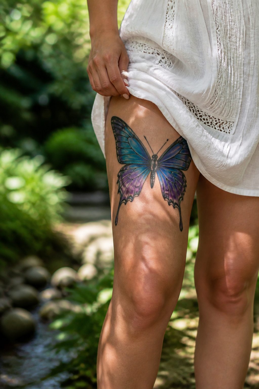 9 Above Knee Tattoo Styles for 2026: From Butterflies to Tribal 1 Butterfly tattoo in blue and purple on a model's upper thigh.