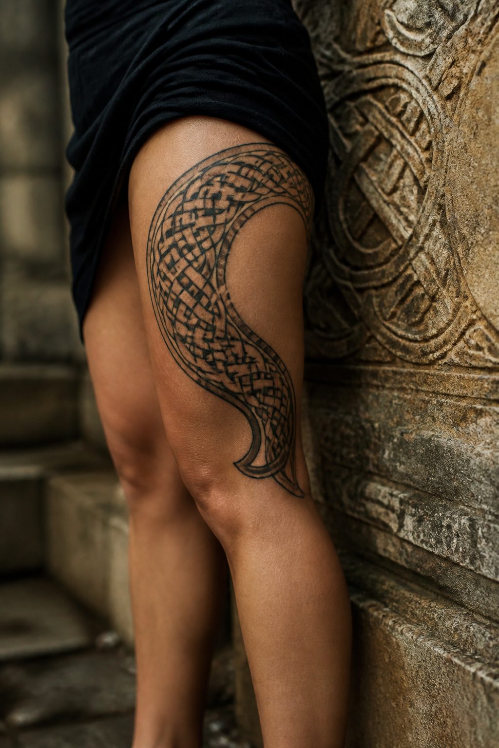 9 Above Knee Tattoo Styles for 2026: From Butterflies to Tribal 8 Celtic knotwork tattoo in dark ink on a model's thigh.