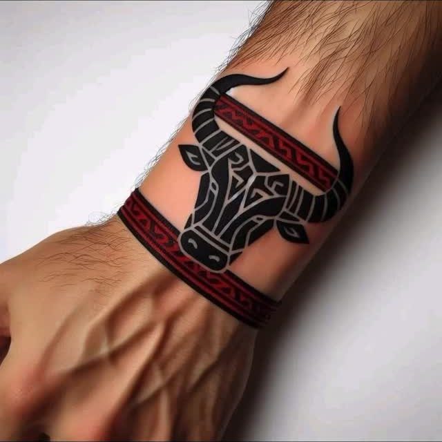 7 Arm Band Colored Tattoo Designs for Men in 2026 7 A black and red geometric bull head tattoo wrapped around a man's forearm like an armband.