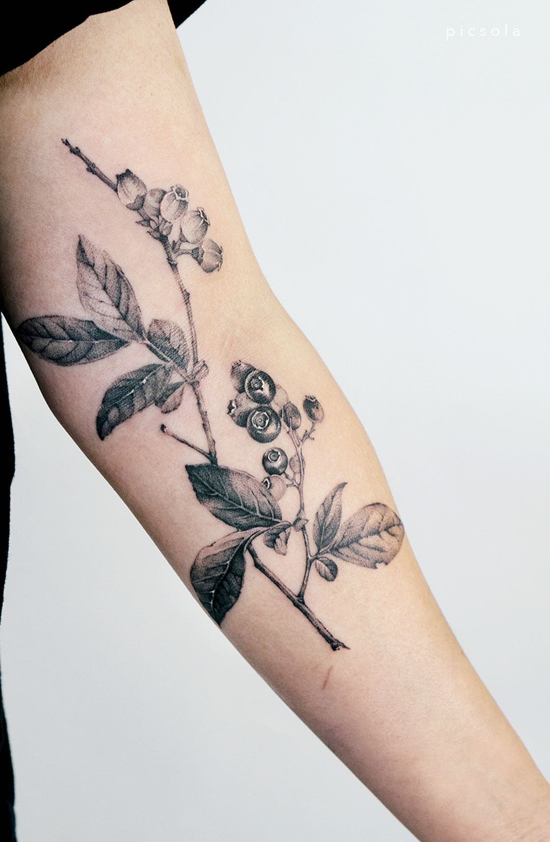 8 Blueberry Tattoo Ideas for Arms, Collarbones and Small Spaces 8 A blackwork style tattoo of a blueberry plant with leaves and berries on a person's arm.