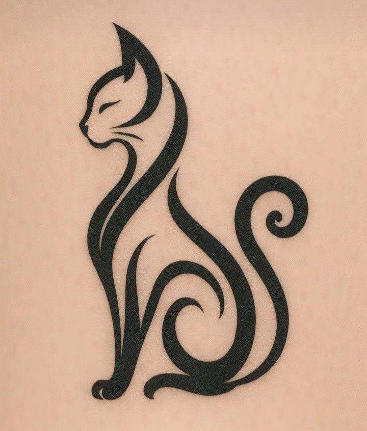 Cat Tattoo with Pattern: 8 Bold Design Ideas to Consider 3 Black ink tribal style cat tattoo design on skin.