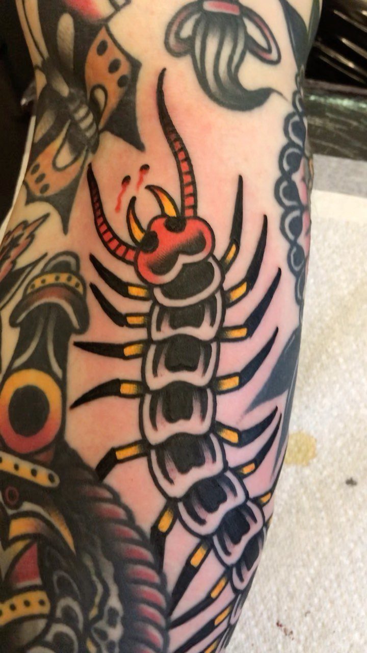 A traditional style centipede tattoo with red and yellow accents on a person's skin.