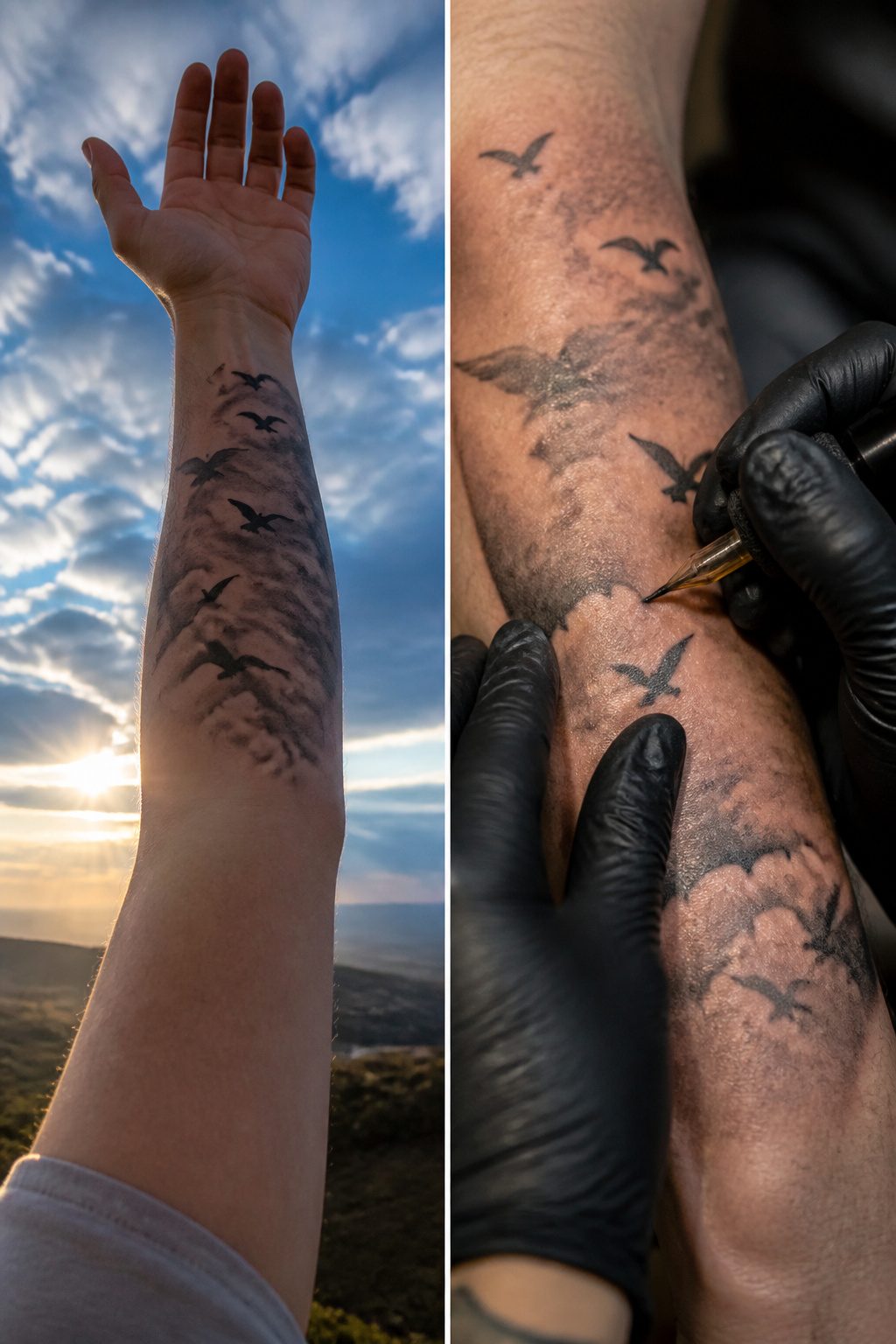 40 Cloud Tattoo Ideas for 2026: Japanese, Storm, Sleeve & More 32 Tattoo of birds amidst cloud formations.