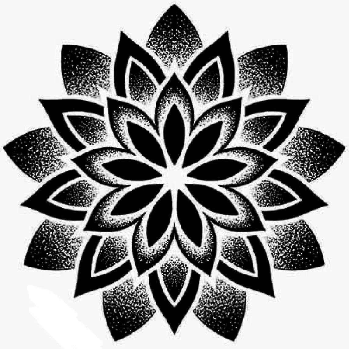 Cover Up Tattoo Pattern: 9 Ways to Hide Old Ink or Scars 9 A symmetrical black and white mandala floral pattern with intricate dotwork shading and stippled details.
