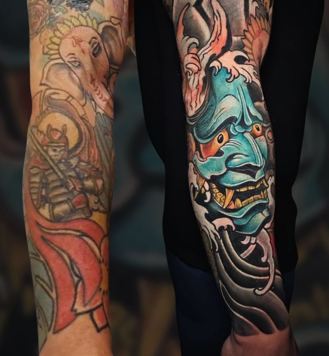 Cover Up Tattoo Pattern: 9 Ways to Hide Old Ink or Scars 1 Two arms displaying large, colorful Japanese-style tattoos including a Ganesha and a blue Hannya mask.
