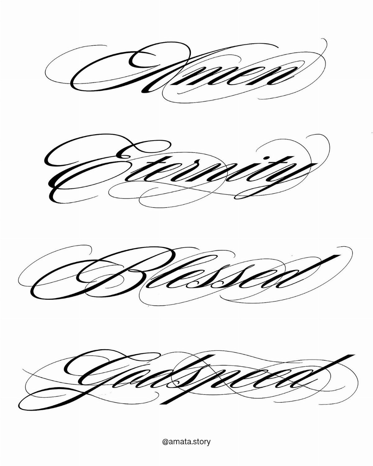 Four words written in elegant black cursive calligraphy: Amen, Eternity, Blessed, and Godspeed on white.