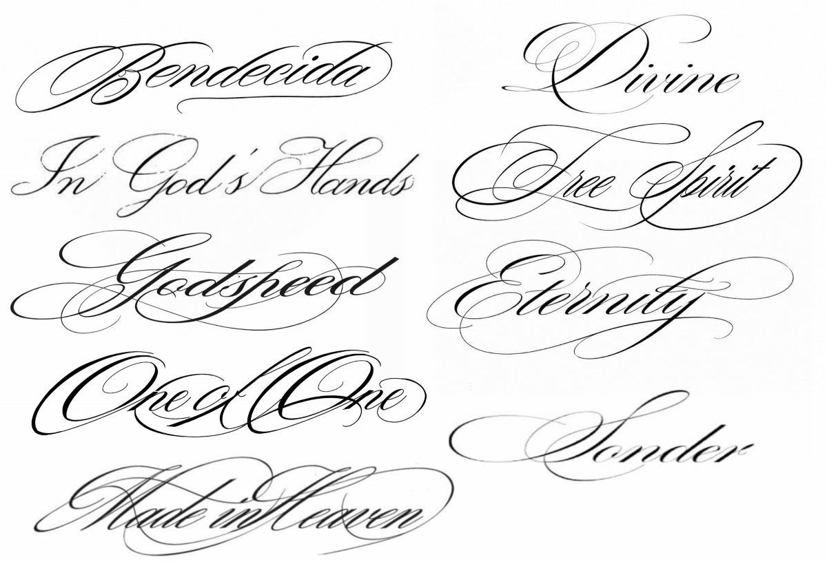 Black cursive calligraphy words and phrases arranged on a white background.