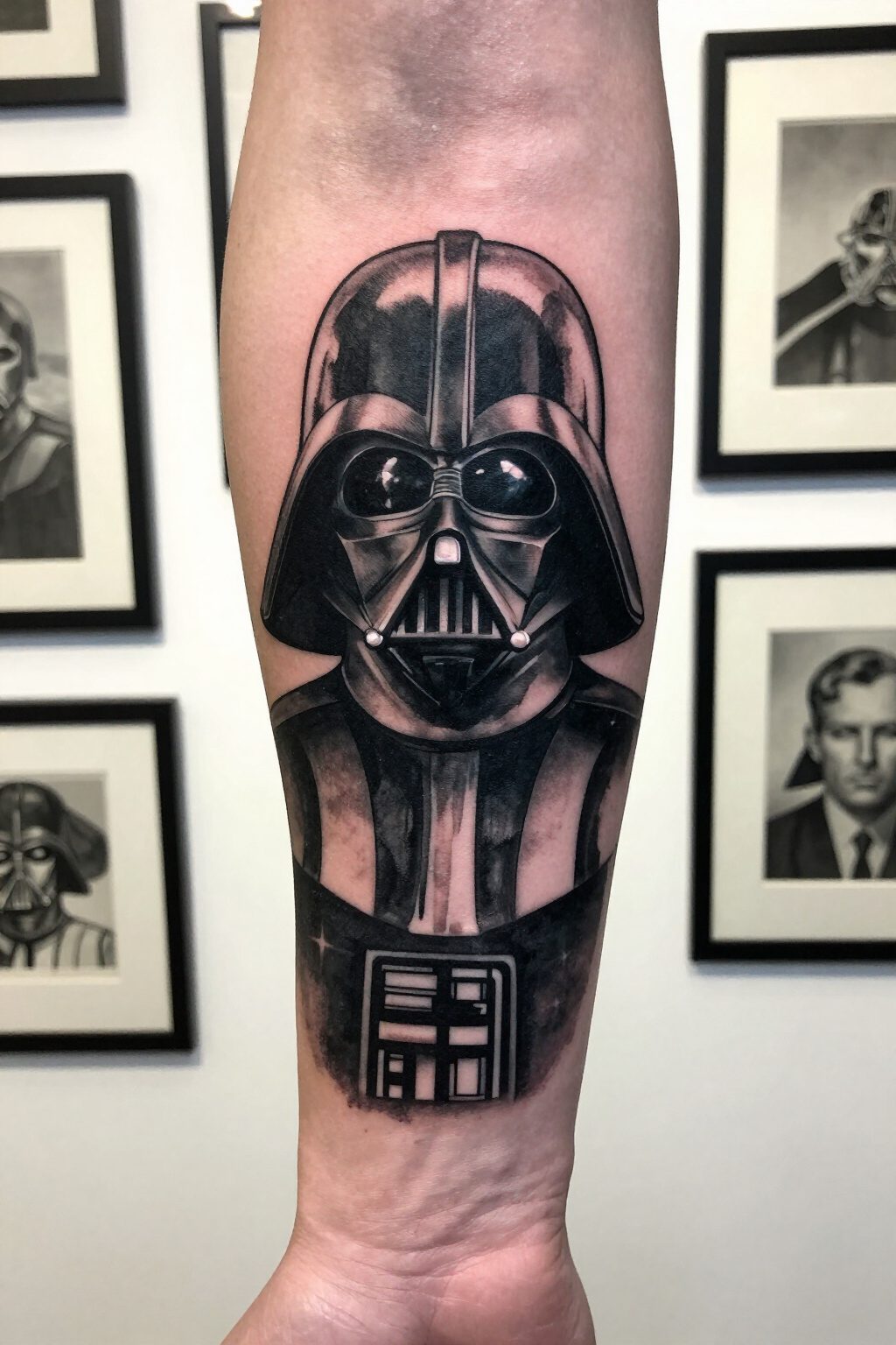 Darth Vader Tattoo: Styles, Meanings and Design Ideas 6 Black and white tattoo of Darth Vader's helmet with gradient shading.