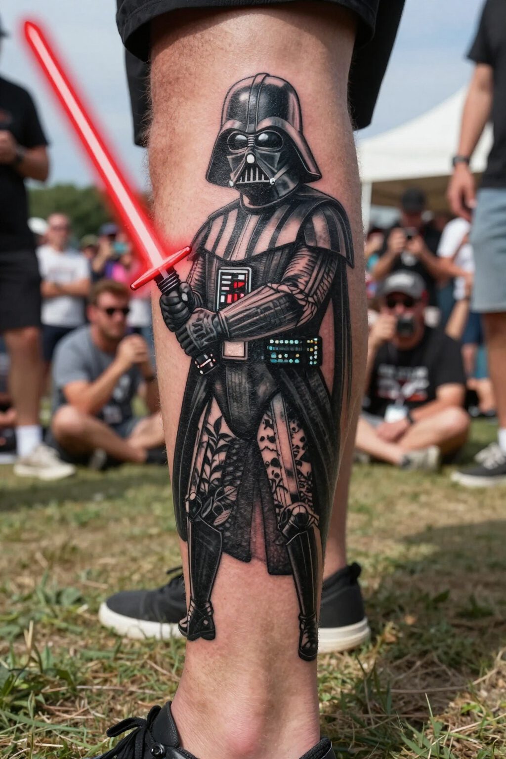 Darth Vader Tattoo: Styles, Meanings and Design Ideas 13 Tattoo of Darth Vader in battle stance, holding a red lightsaber.