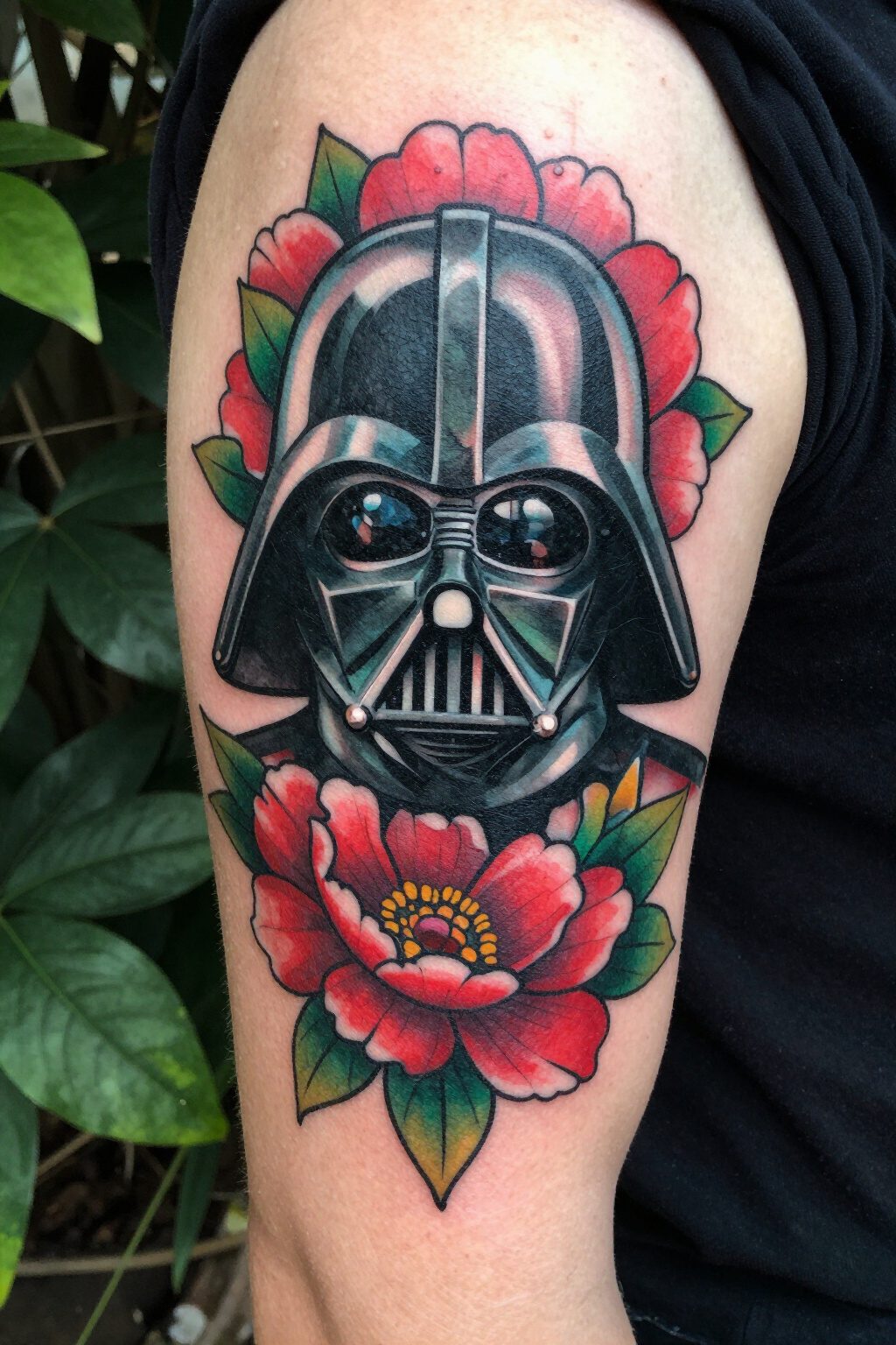 Darth Vader Tattoo: Styles, Meanings and Design Ideas 7 Darth Vader helmet tattoo surrounded by colorful flowers.