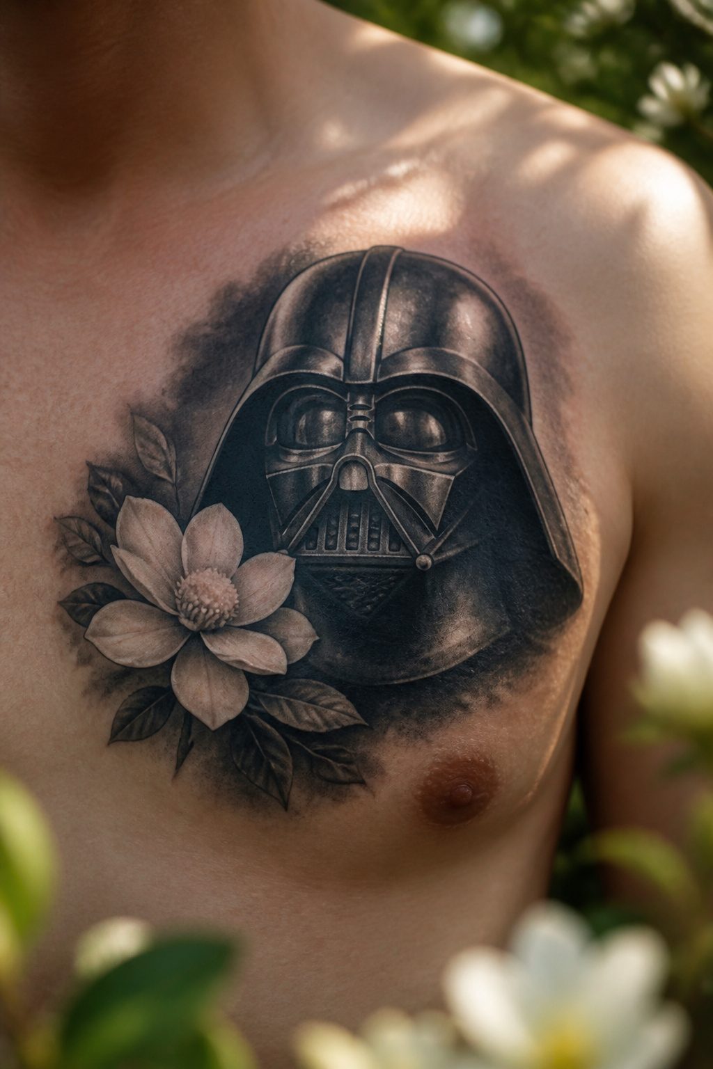 Darth Vader Tattoo: Styles, Meanings and Design Ideas 12 Darth Vader mask tattoo accompanied by a flower, symbolizing remembrance.
