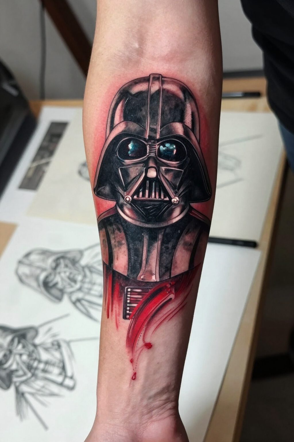 Darth Vader Tattoo: Styles, Meanings and Design Ideas 11 Sketch tattoo of Darth Vader's mask with soft outlines in red and black.