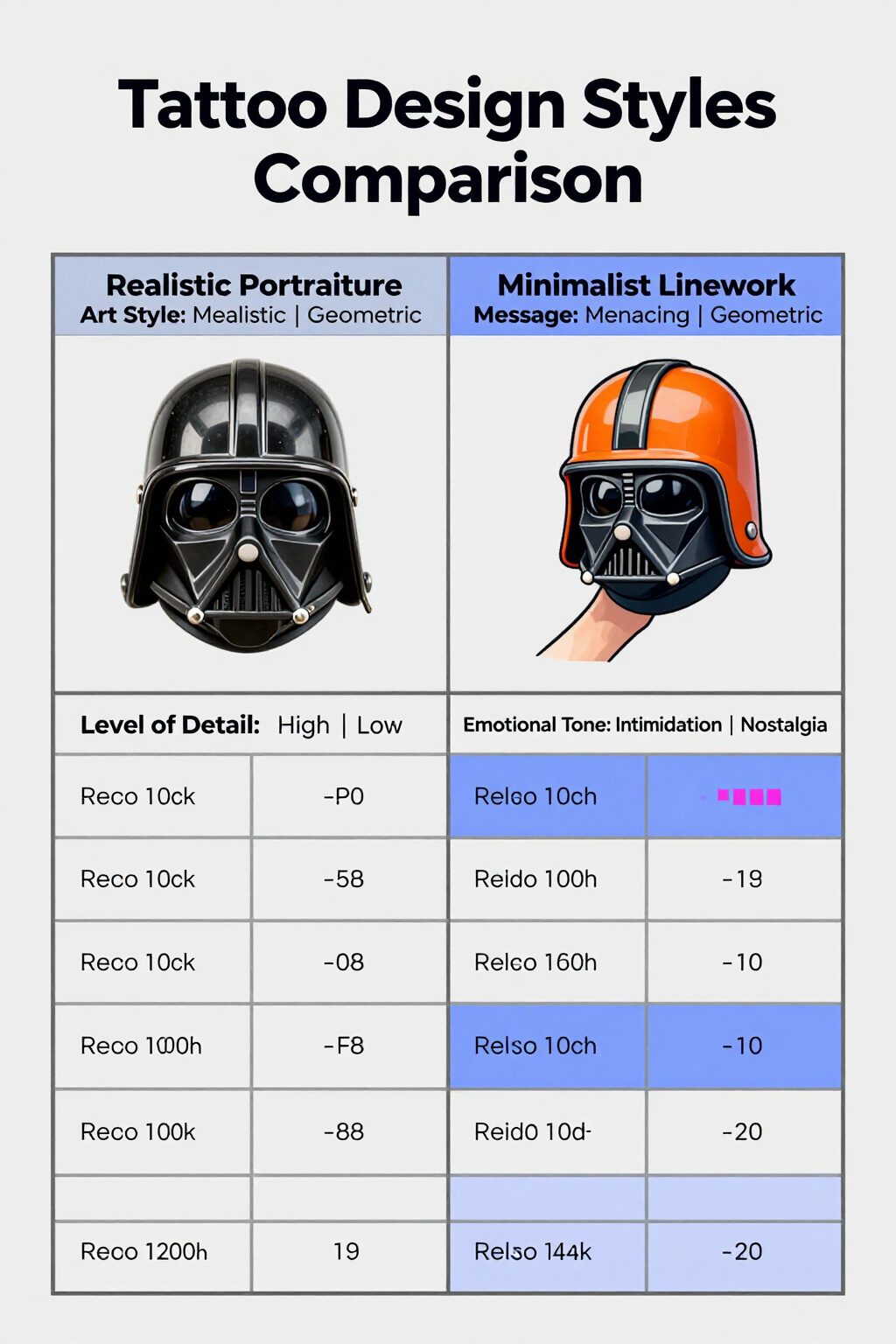 Darth Vader Tattoo: Styles, Meanings and Design Ideas 18 Graphic comparing various tattoo styles of Darth Vader's helmet.