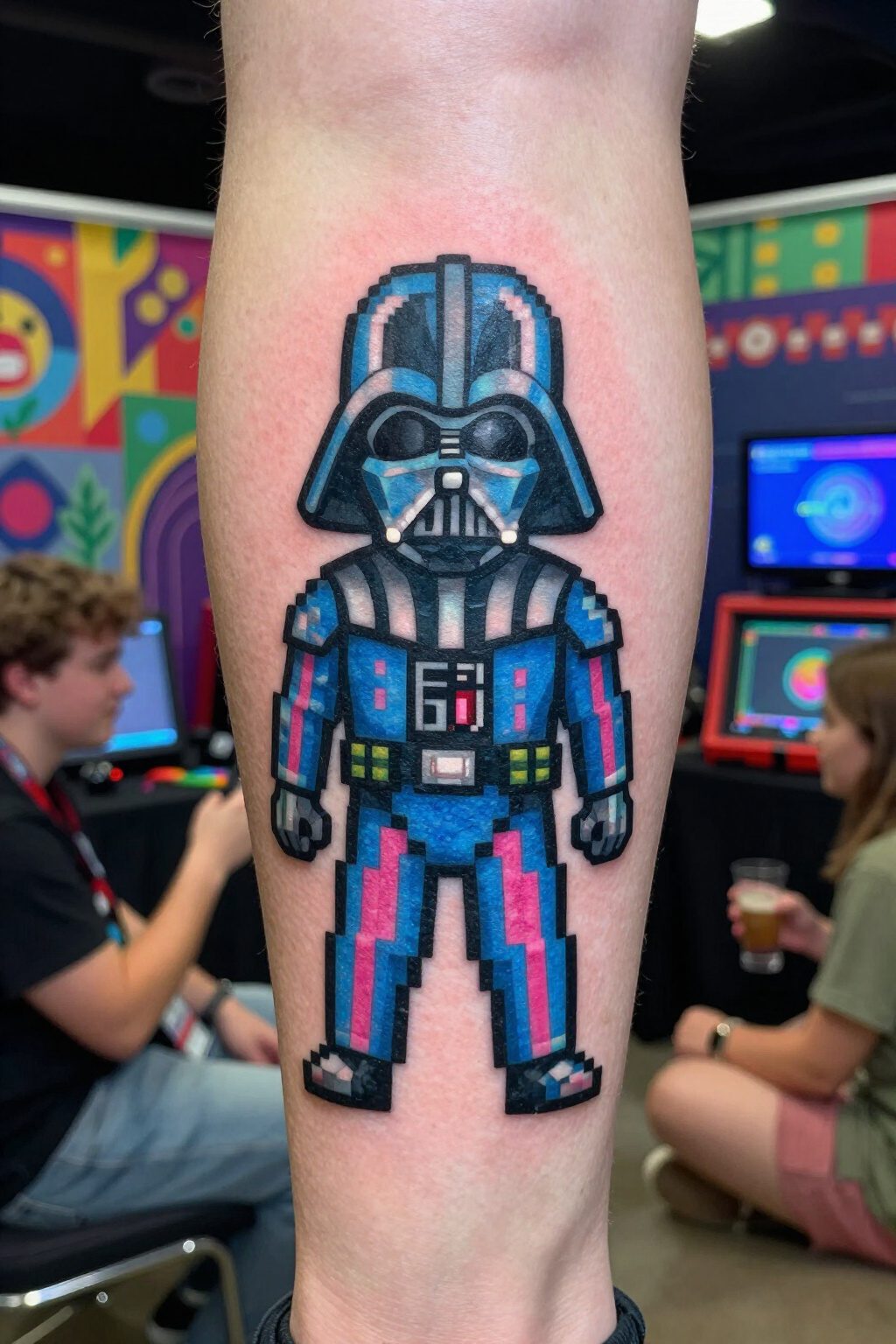 Darth Vader Tattoo: Styles, Meanings and Design Ideas 8 Pixel art tattoo of Darth Vader's helmet in blue and pink colors.
