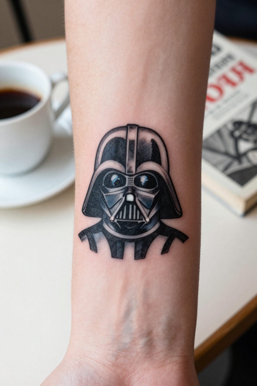 Darth Vader Tattoo: Styles, Meanings and Design Ideas 2 Small Darth Vader helmet tattoo in black and white with blue shading.