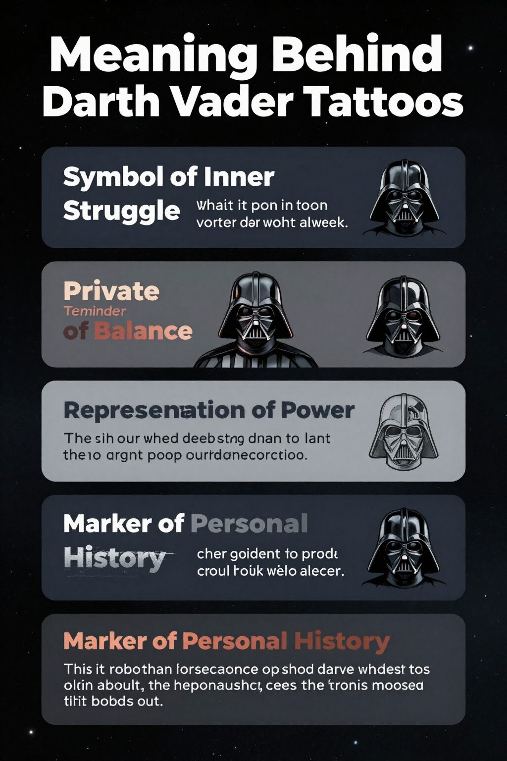Darth Vader Tattoo: Styles, Meanings and Design Ideas 17 Information graphic explaining the meaning behind Darth Vader tattoos.
