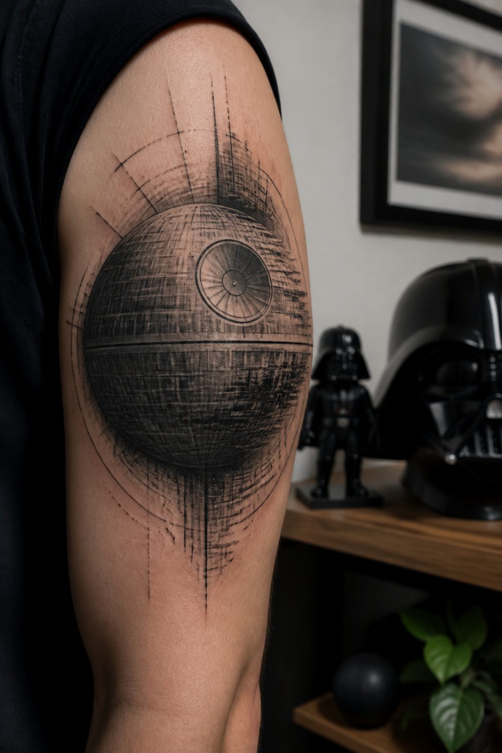 Death Star Tattoo Ideas: 8 Placements and Styles for 2026 2 Tattoo of Darth Vader's helmet alongside the Death Star.