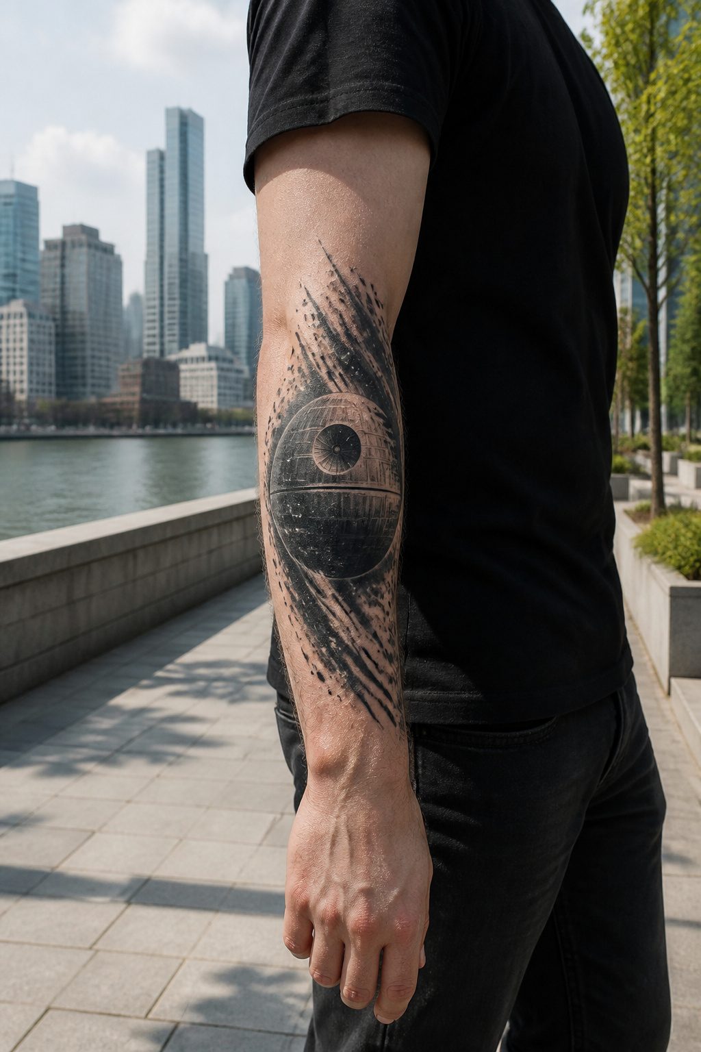 Death Star Tattoo Ideas: 8 Placements and Styles for 2026 8 Death Star tattoo displayed on a forearm, showcasing details.