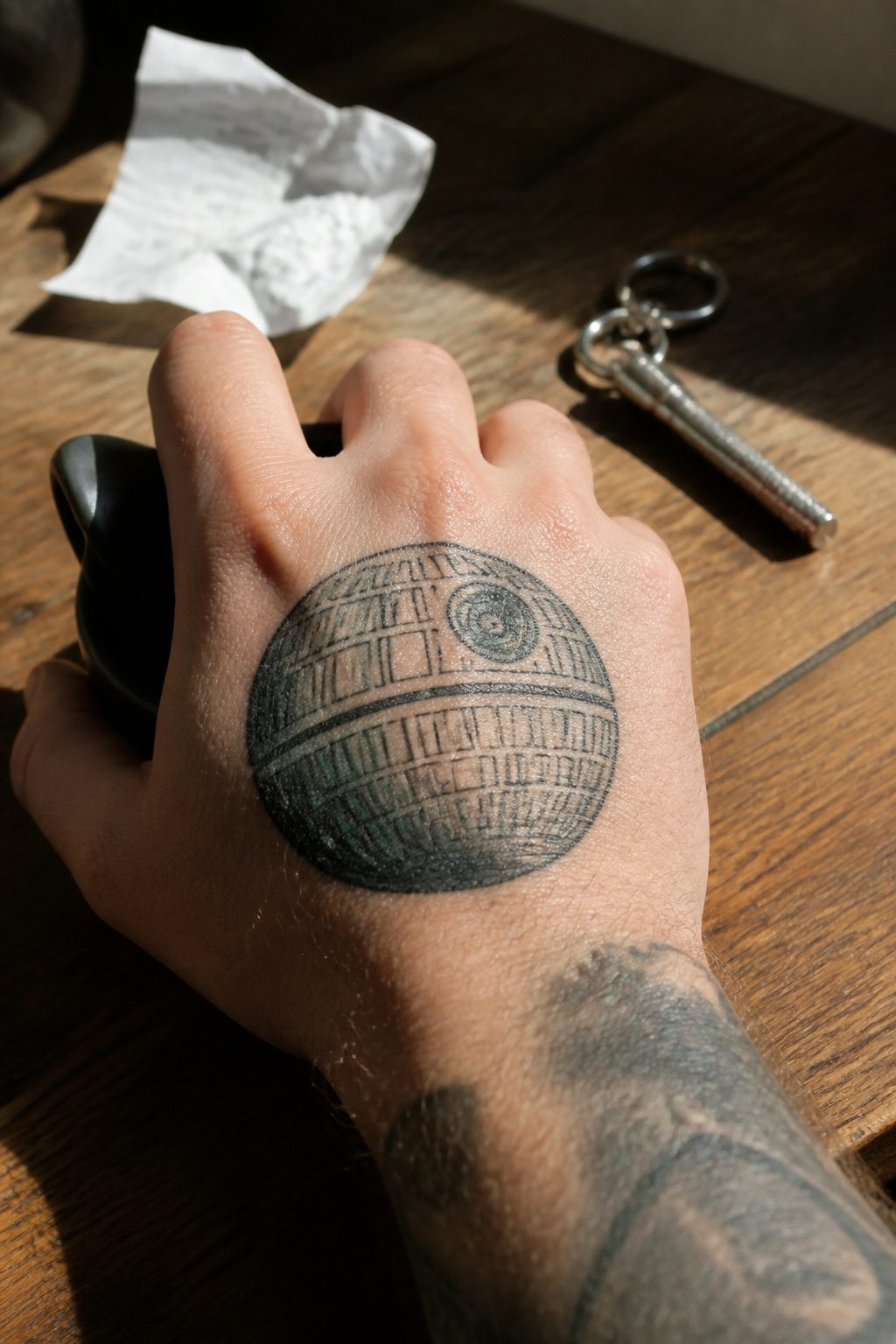 Death Star Tattoo Ideas: 8 Placements and Styles for 2026 5 Death Star tattoo on the back of a hand with bold lines.