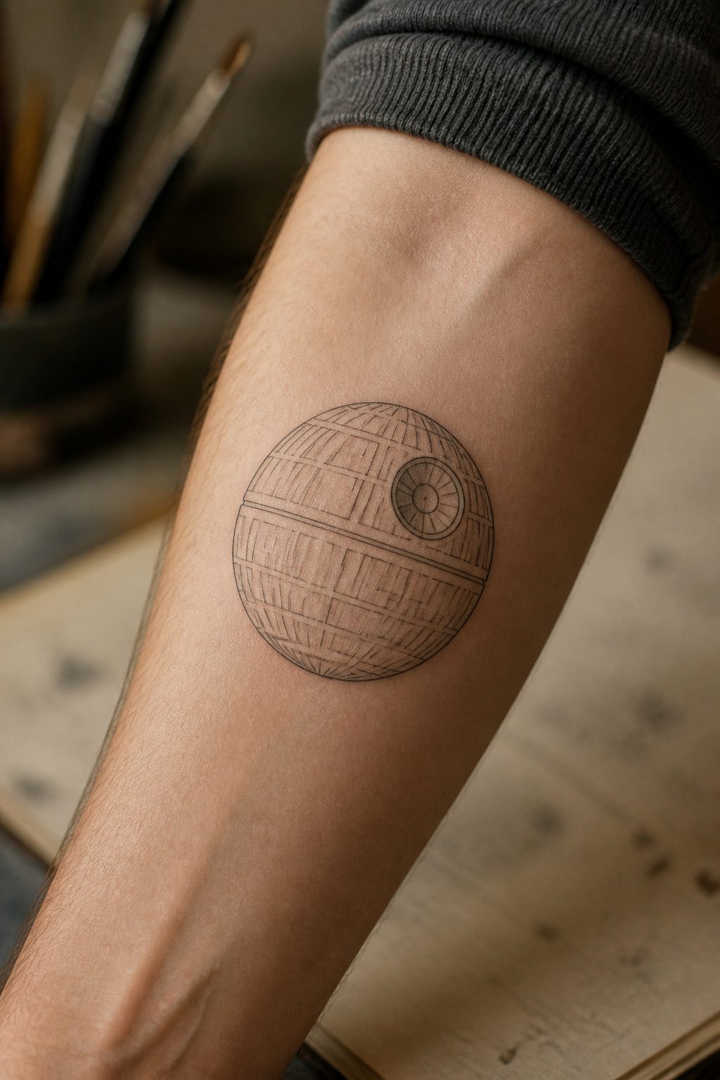 Death Star Tattoo Ideas: 8 Placements and Styles for 2026 6 Fine-line Death Star tattoo featuring a continuous unbroken contour.