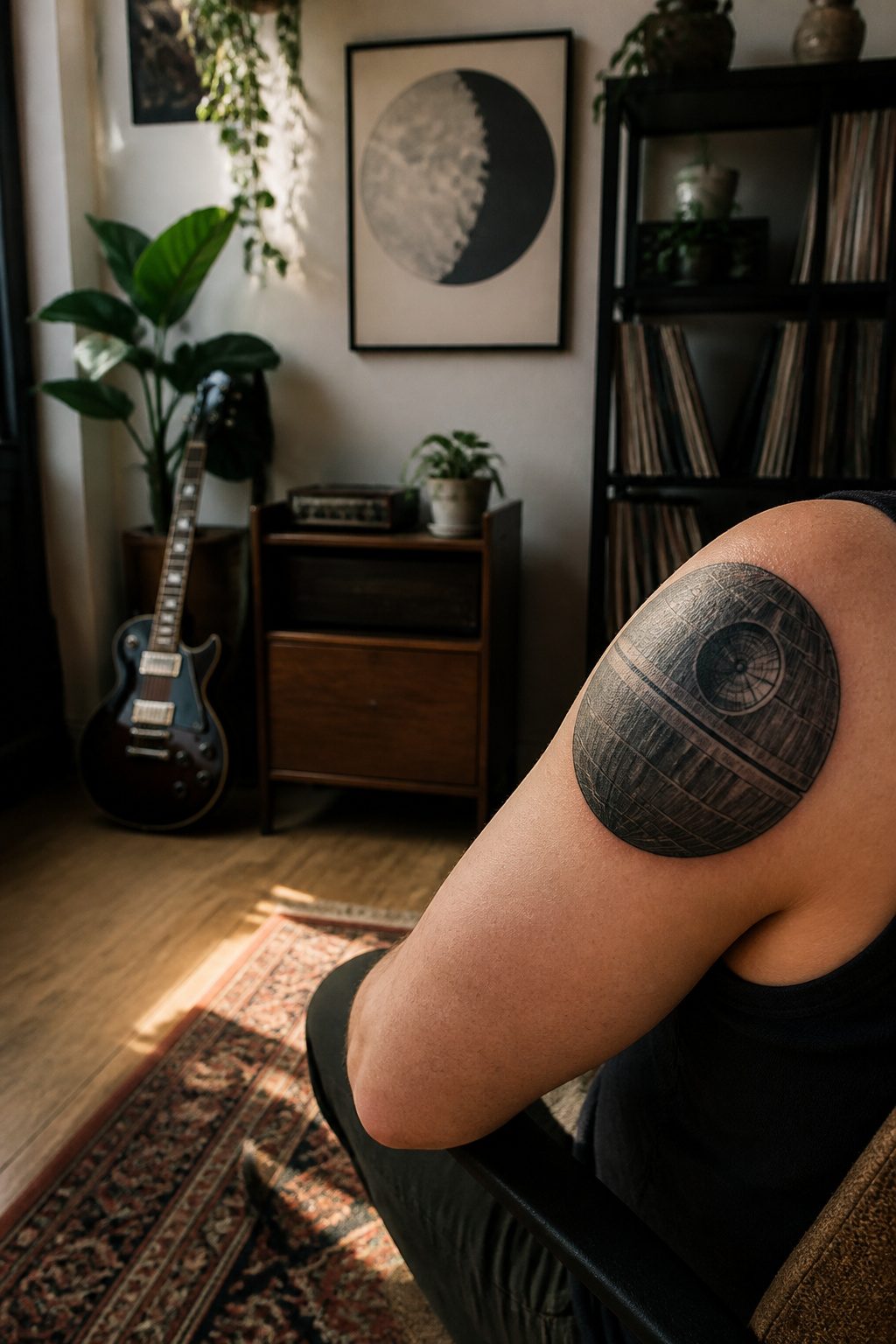 Death Star Tattoo Ideas: 8 Placements and Styles for 2026 4 Death Star tattoo positioned on the shoulder, following its shape.