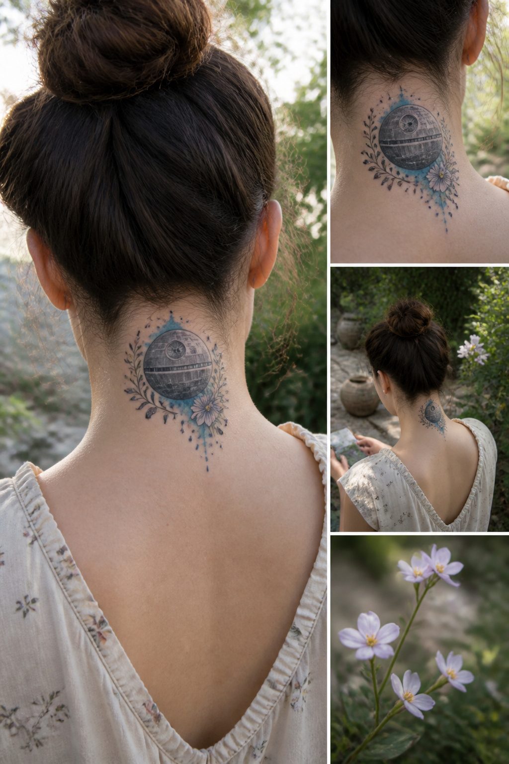 Death Star Tattoo Ideas: 8 Placements and Styles for 2026 7 Watercolor Death Star tattoo with a blue wash and floral elements.