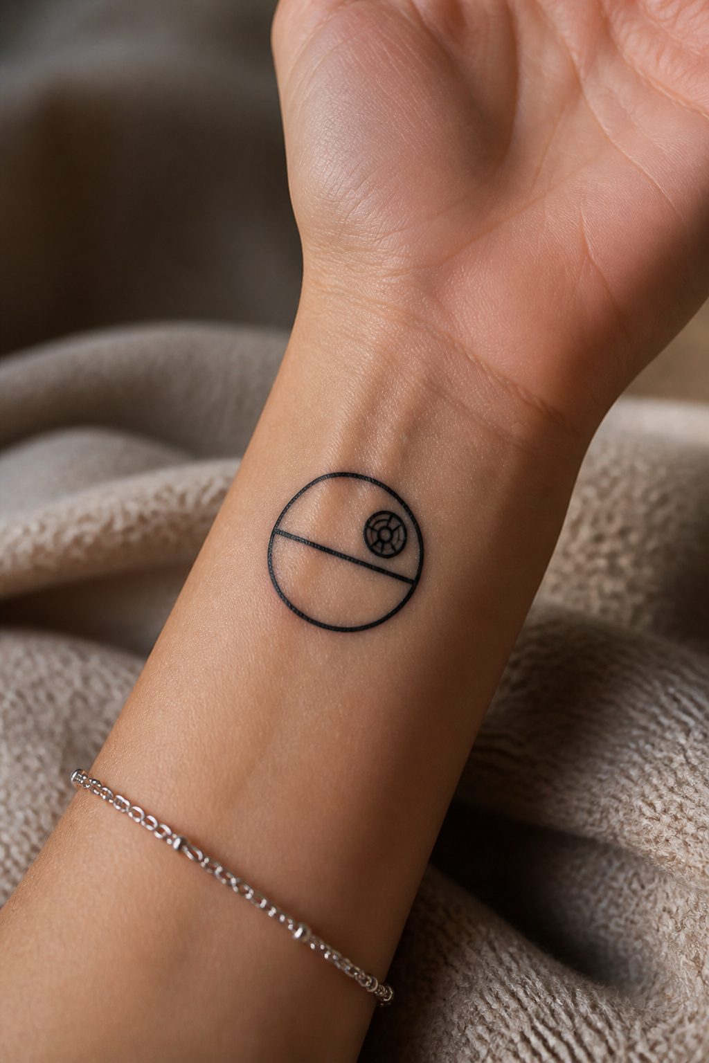 Death Star Tattoo Ideas: 8 Placements and Styles for 2026 1 Minimalist Death Star tattoo featuring a simple spherical design.