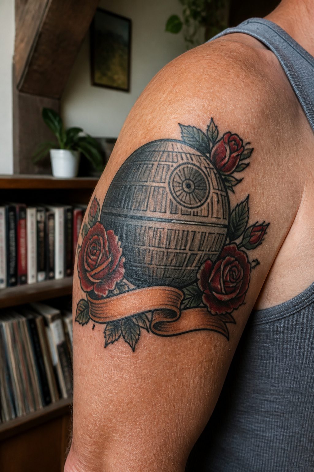 Death Star Tattoo Ideas: 8 Placements and Styles for 2026 3 Bold traditional Death Star tattoo with red roses and a banner.