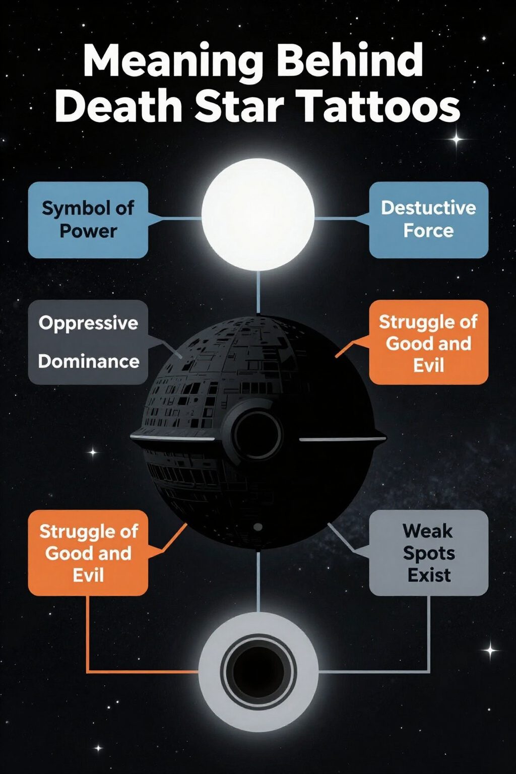 Death Star Tattoo Ideas: 8 Placements and Styles for 2026 9 Information image explaining the meaning behind Death Star tattoos.