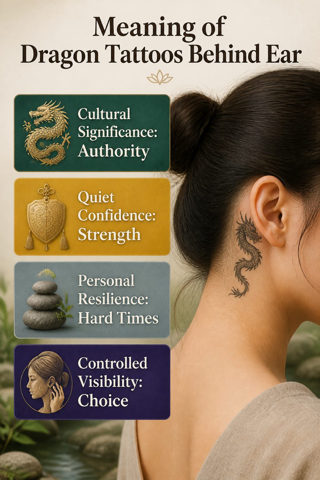 Information image about the meaning of dragon tattoos behind the ear.