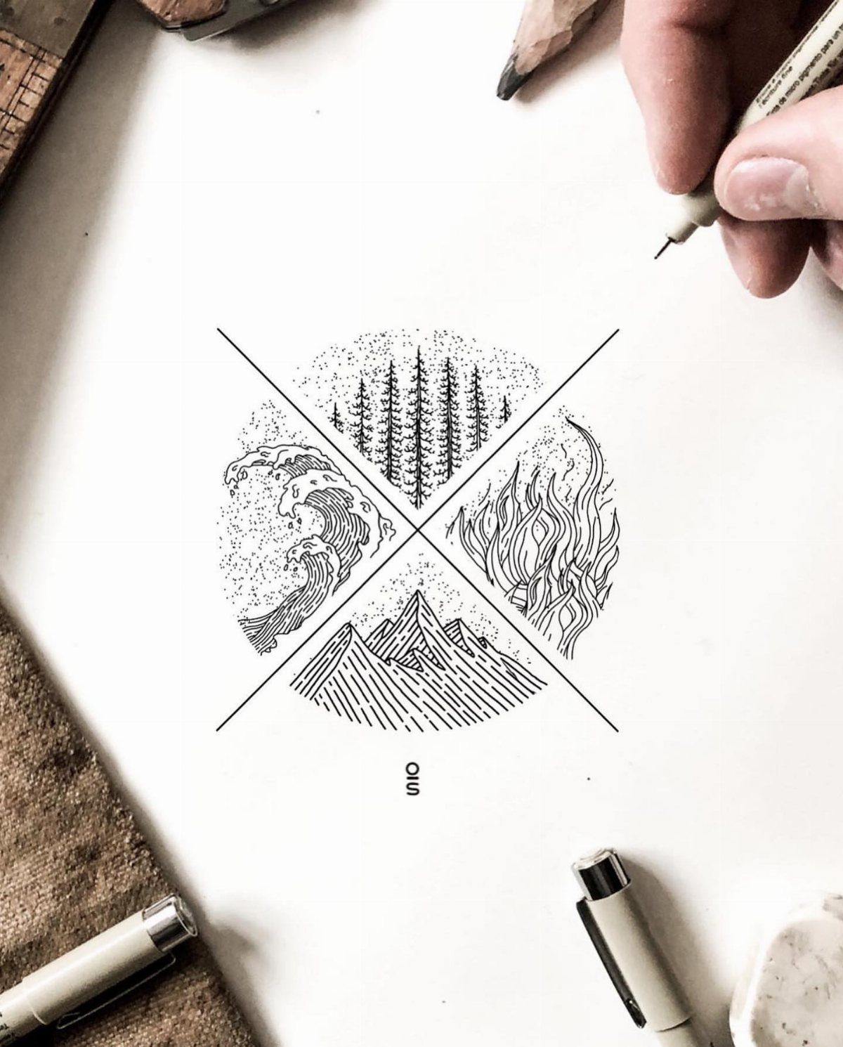 9 Earth Element Tattoo Ideas for Symbols, Scenery and Spirit 9 A hand drawing a four-element circular tattoo design with trees, waves, fire, and mountains.