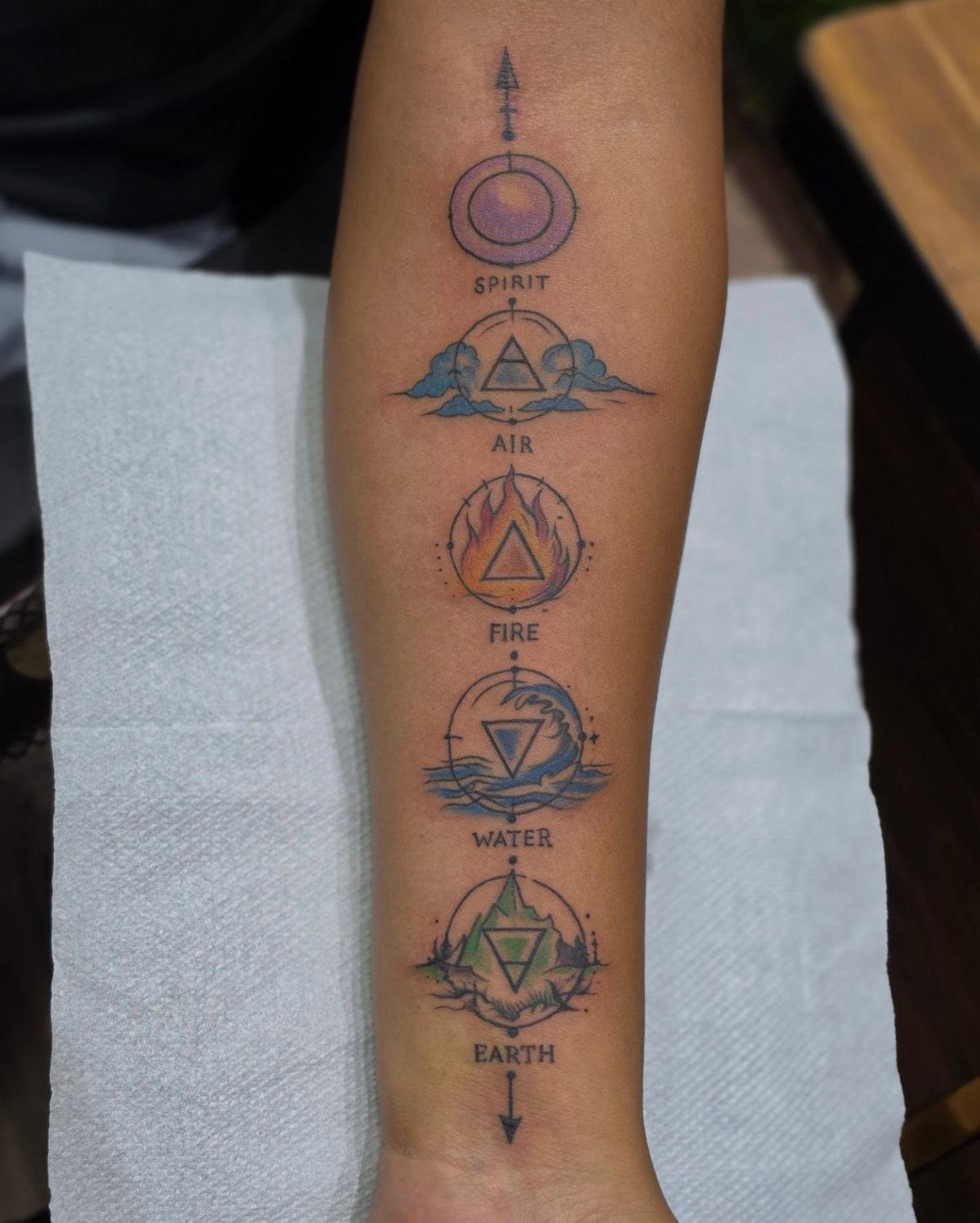11 Elemental Tattoo Ideas for Your Next Ink 1 A forearm tattoo displaying colorful alchemical symbols for spirit, air, fire, water, and earth.