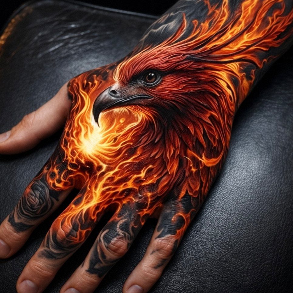 11 Elemental Tattoo Ideas for Your Next Ink 5 A phoenix tattoo made of bright orange flames covering a person's hand and fingers.