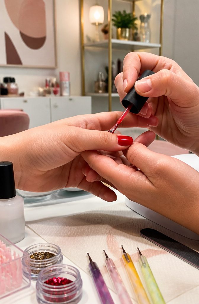 Nail with a freshly applied cherry red polish.