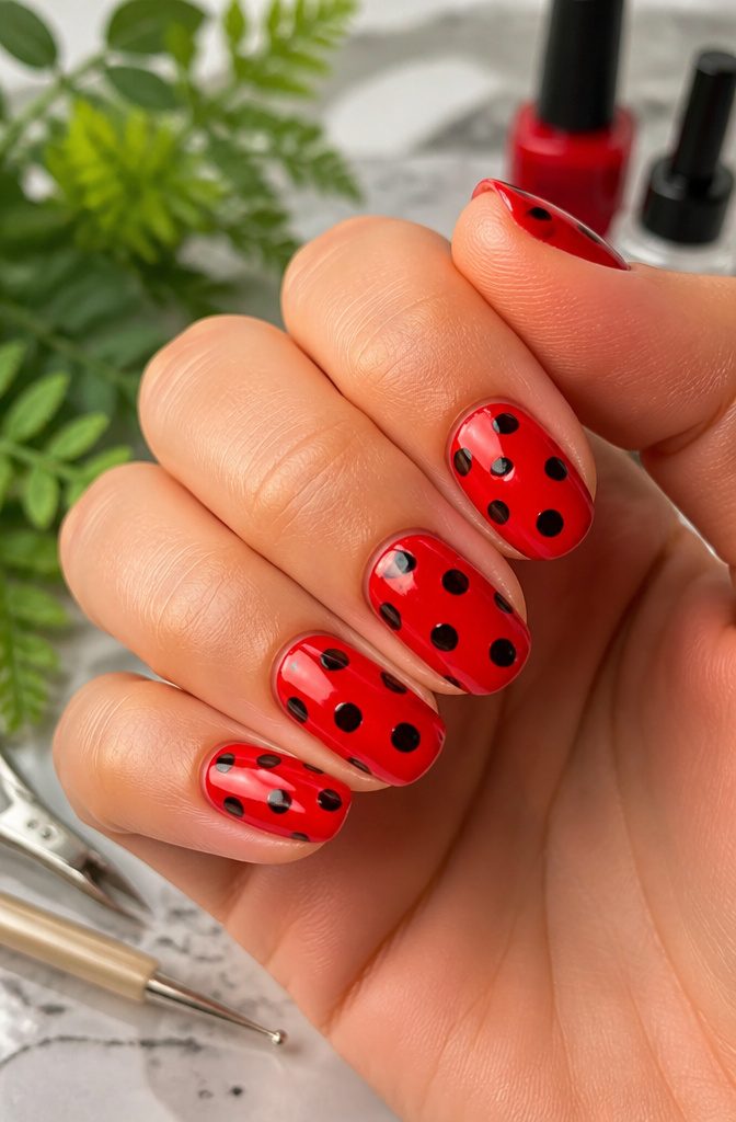 Ladybug nails with a cherry red base and black dots.