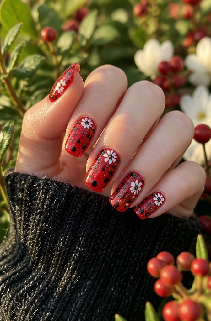 Ladybug nails adorned with white flowers and glitter accents.
