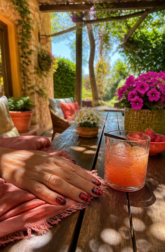 Ladybug nails displayed in a spring setting.