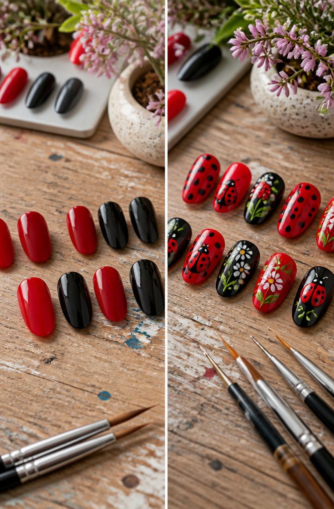 Ladybug nail design featuring red and black colors.