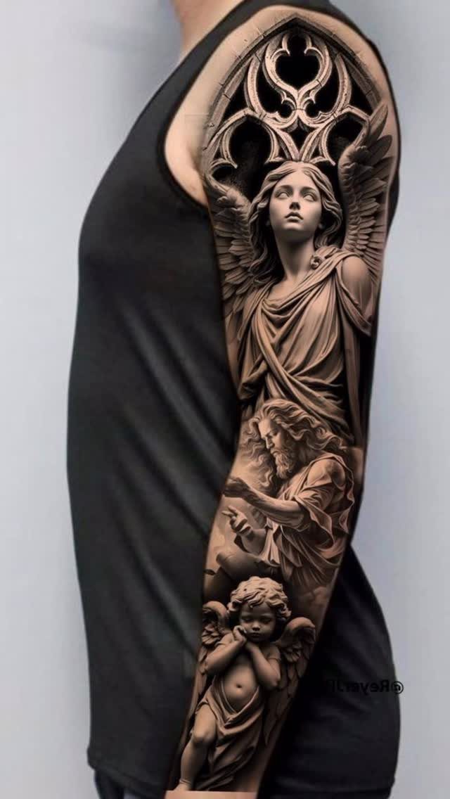8 Full Arm Tattoo Ideas for Men and Women 6 A detailed black and grey realism tattoo of an angel and cherub on a person's arm.