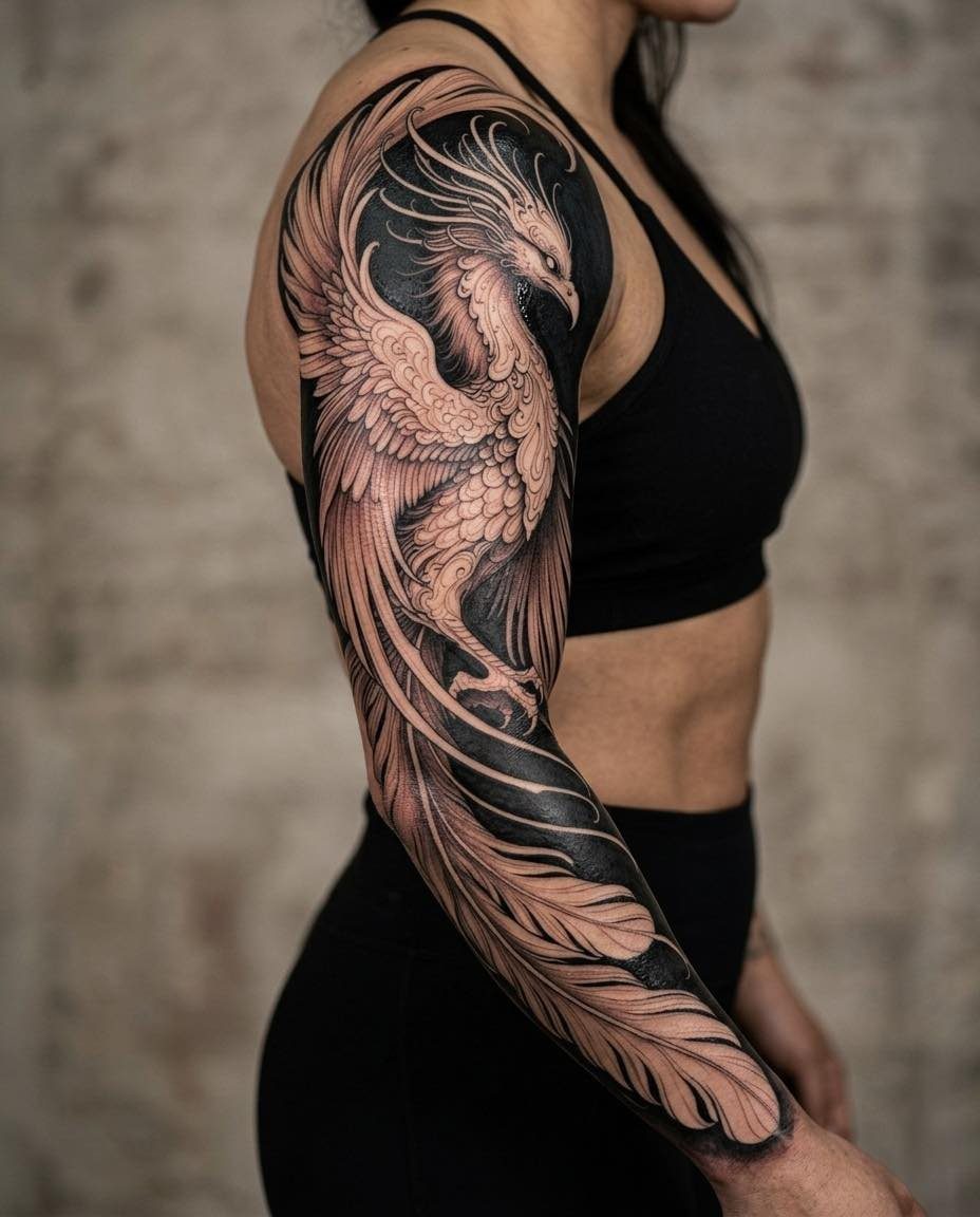 8 Full Arm Tattoo Ideas for Men and Women 2 A large black and grey phoenix tattoo covering a person's entire arm.