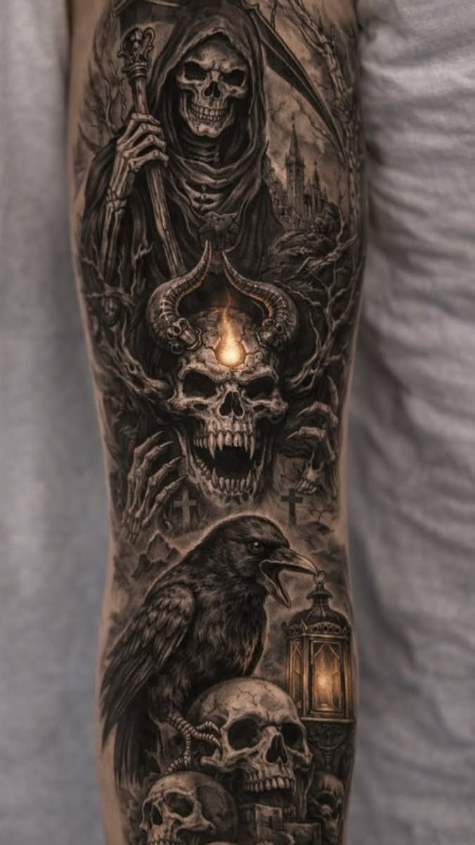 8 Full Arm Tattoo Ideas for Men and Women 4 A detailed black and grey arm sleeve tattoo featuring a reaper, skulls, and a crow.