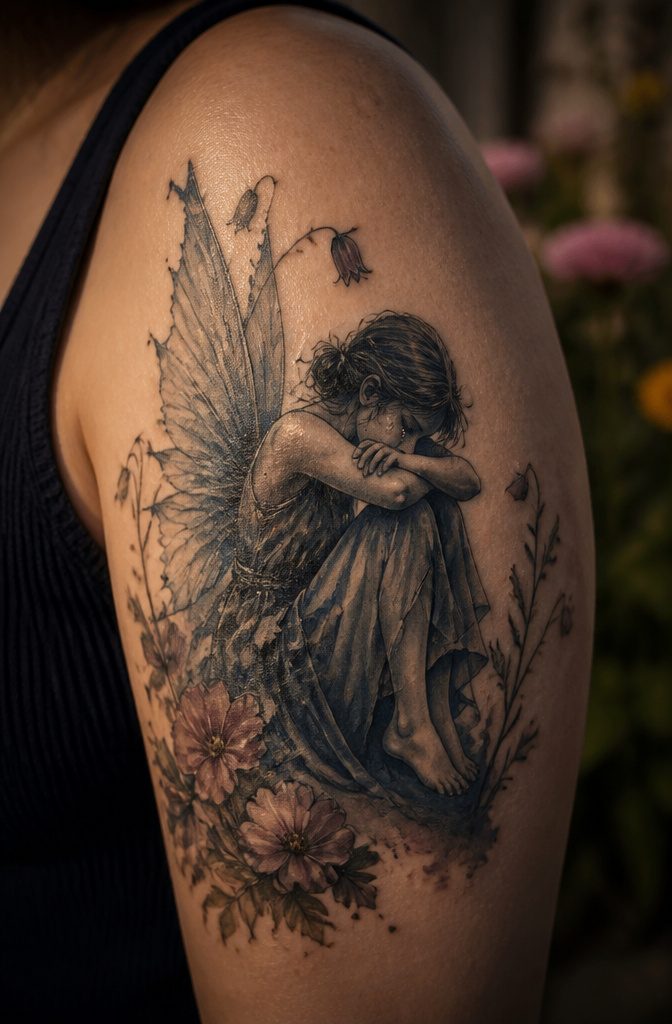 Guardian Angel Fairy Tattoos: 7 Styles From Gothic to Fallen 4 Crying fairy tattoo with wings dropped, symbolizing sorrow.