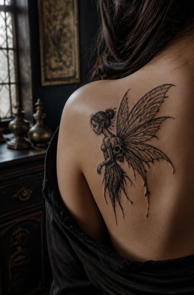 Guardian Angel Fairy Tattoos: 7 Styles From Gothic to Fallen 1 Gothic fairy tattoo featuring black clothing and thin wings.