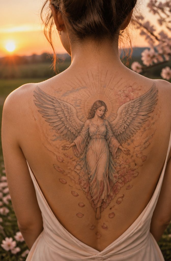 Guardian angel tattoo showcasing solemnity and protective imagery.