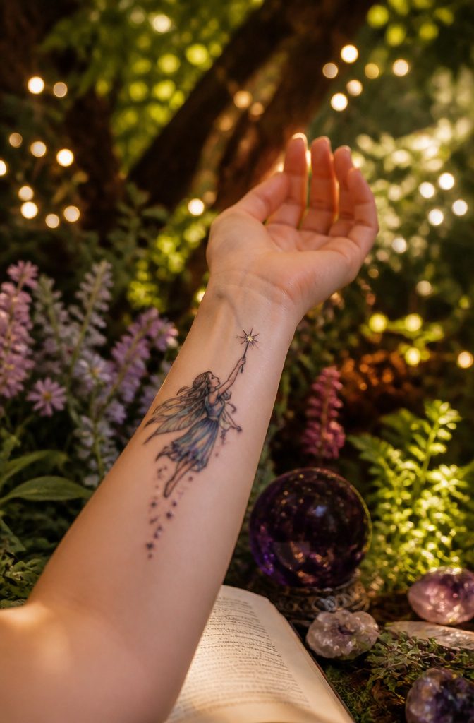 Magical fairy tattoo with a wand raised and translucent wings.